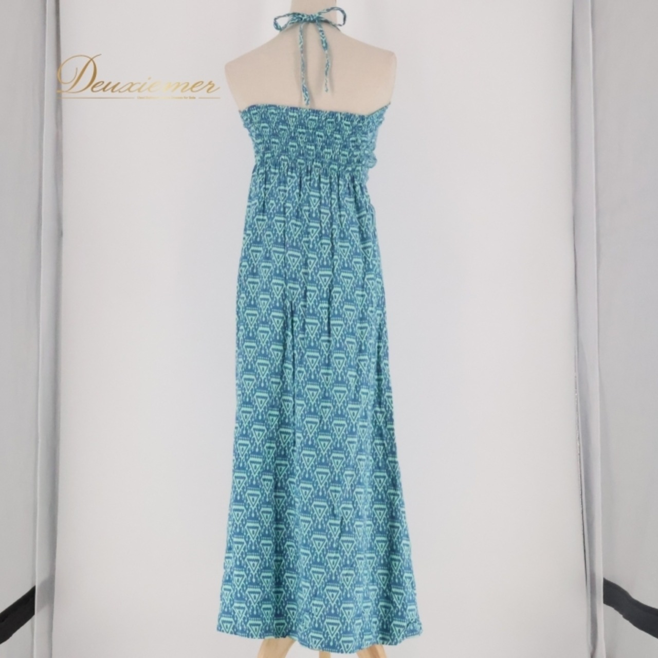 フラダンス 衣装 ワンピース ドレス ブルー系 PUKANA ハワイアンプリント アロハ フラ ダンス レッスン 練習 ボヘミアン かわいい おしゃれ 上品 大人っぽい さわやか ホルターネック リボン ふんわり アロハシャツ カジュアル エレガント リゾート