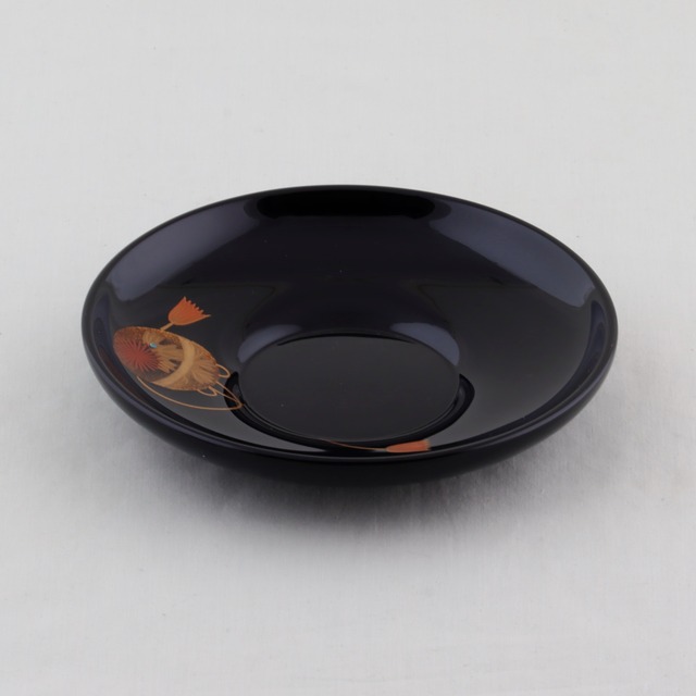 3618  輪島塗　茶托／4.2ダルマ形／黒塗／福鈴蒔絵／五枚組