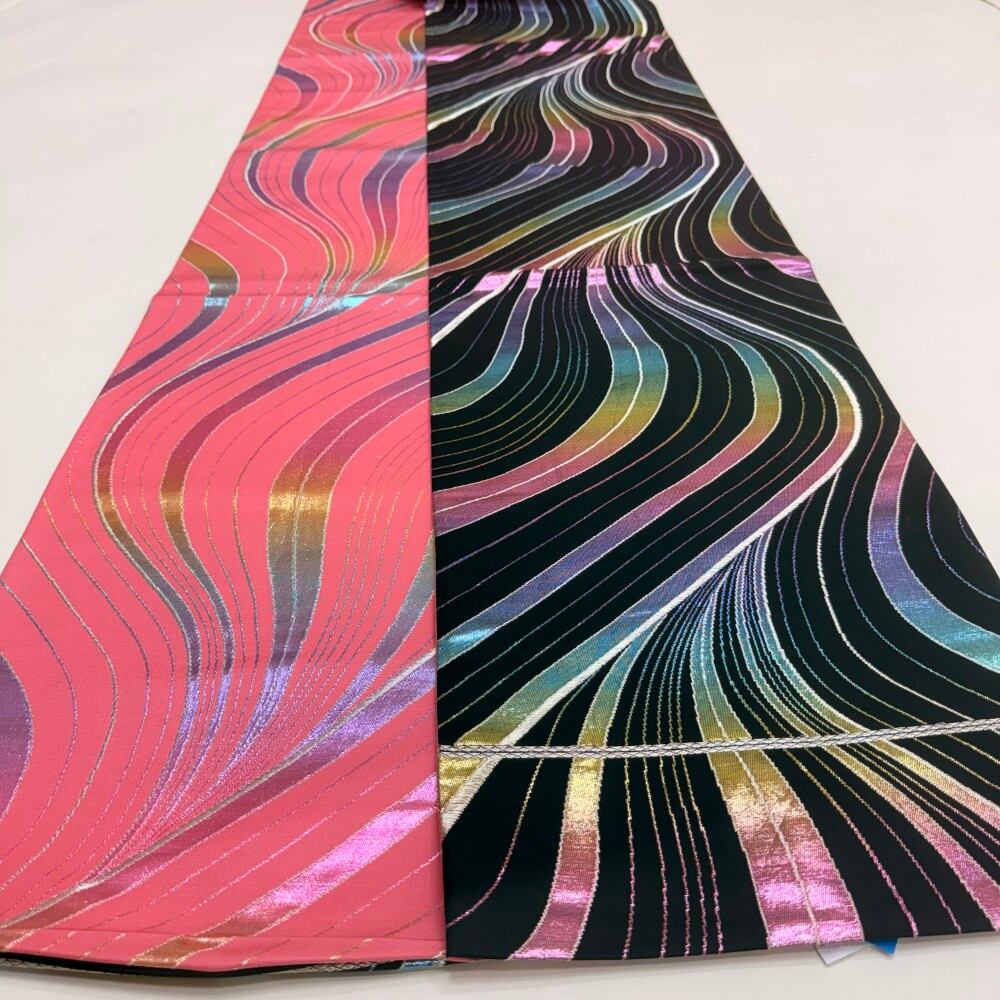 中古 引き振袖用帯 正絹 連続模様 全通柄 ブラック Bランク 449cm 6247