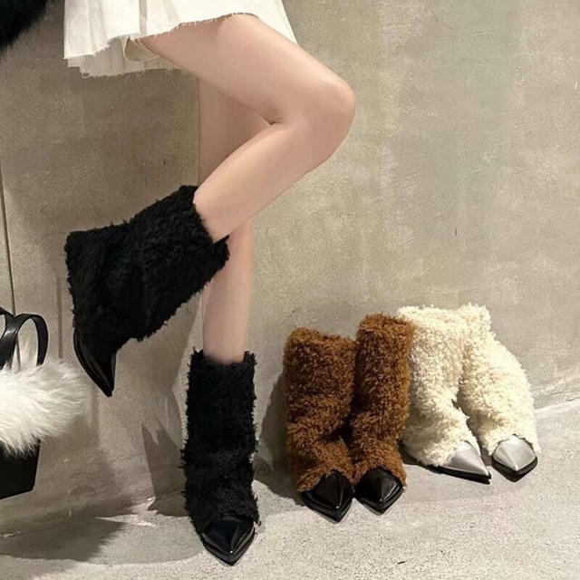 pointed toe mid boots fur leg warmers m0095