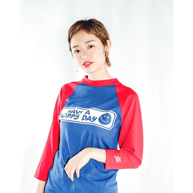【LOST AND FOUND】"HAVE A HAPPY DAY" Vintage Raglan T-shirt (BLUE × RED)