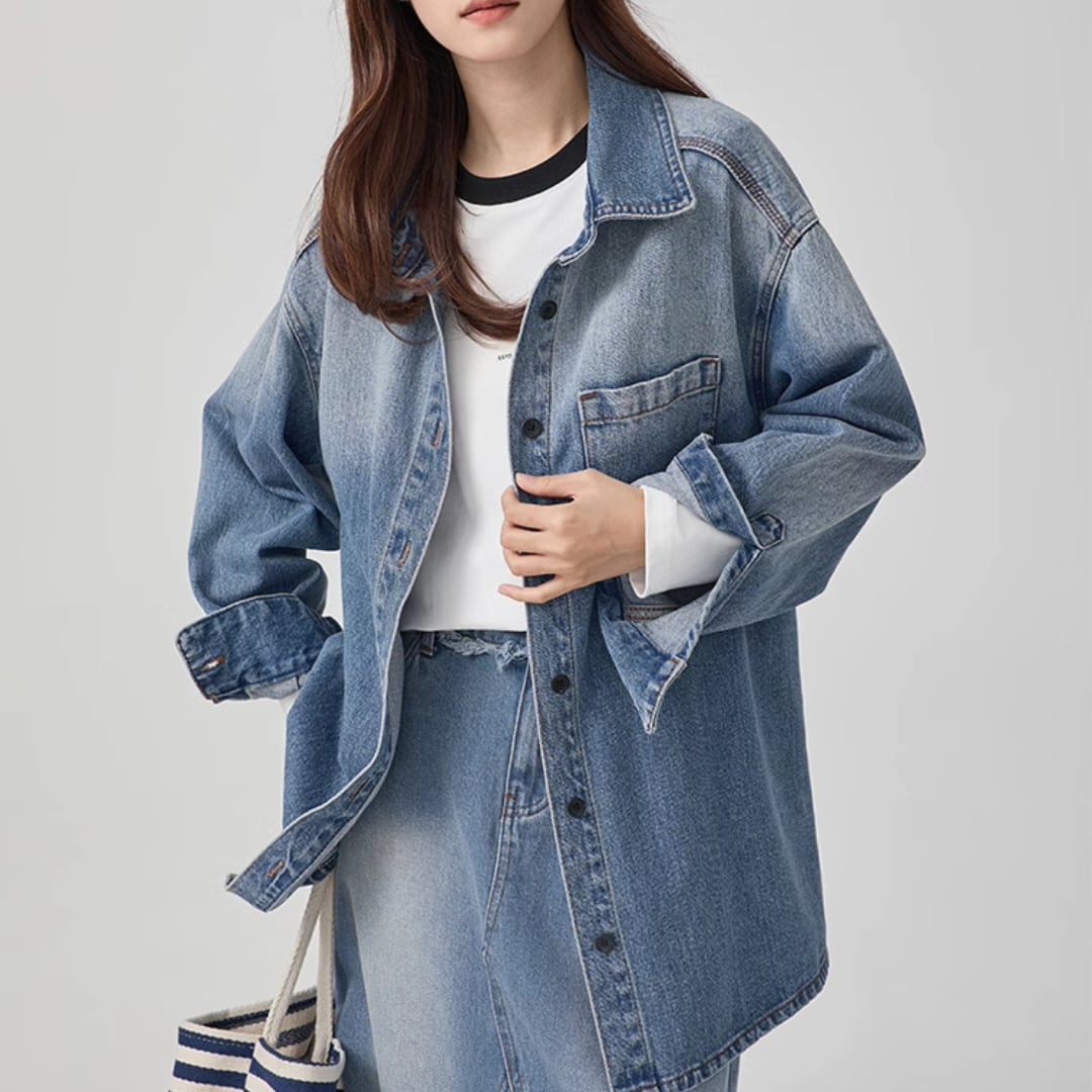 blue retro lapel single breasted denim jacket