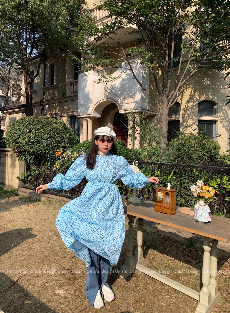 バックボタンフローラルスカート ルーズ長袖スリーブスプリングラウンドネックドレス ロング 春物 花柄 Oネック ビッグFスモールZ韓国1128853181