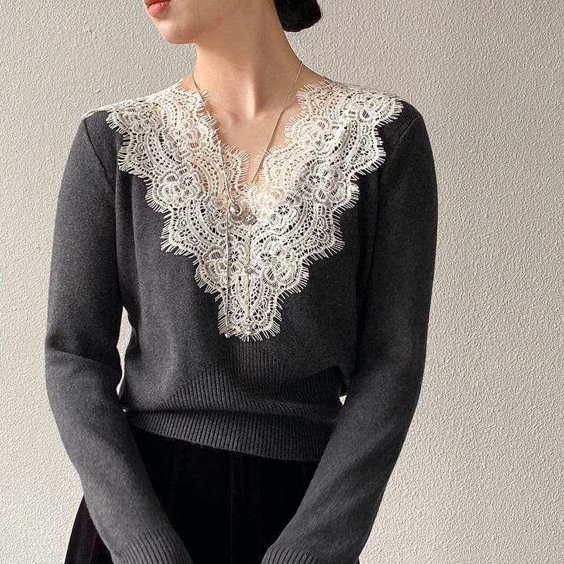 【tops】Vネックレースドッキングニットトップス Q7241