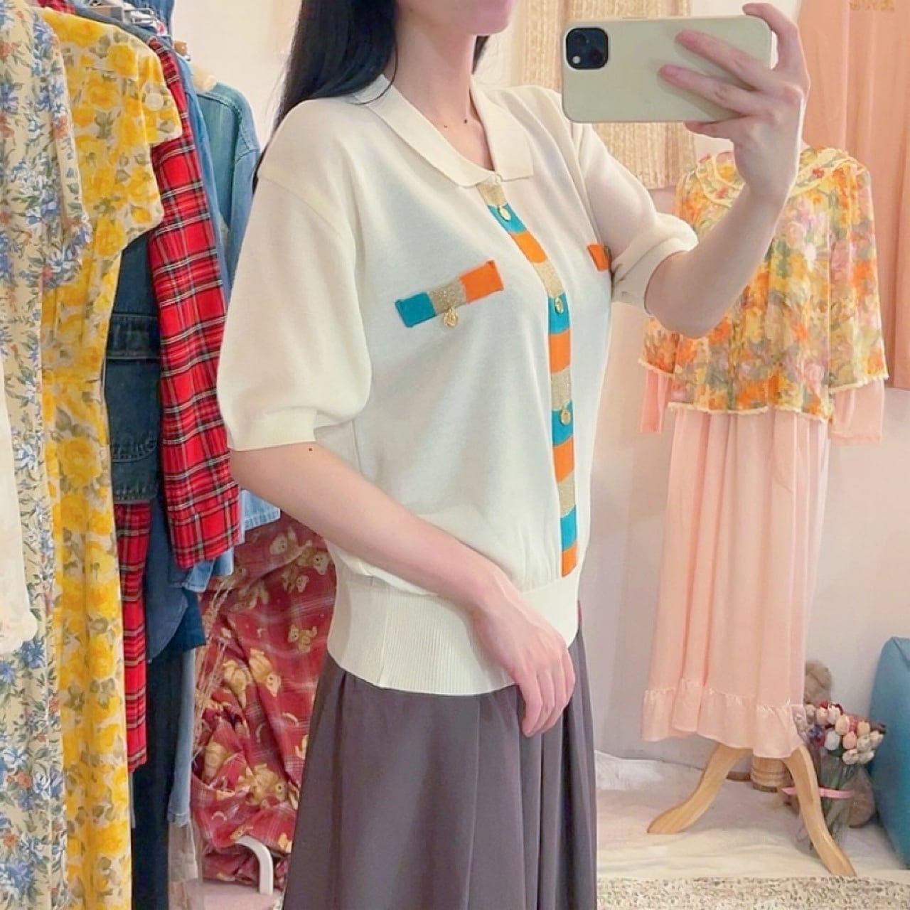 color block coin charm polo knit