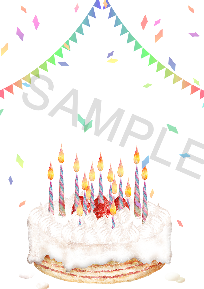 水彩画のケーキとパーティーフラッグ、紙吹雪背景のイラスト PNG
