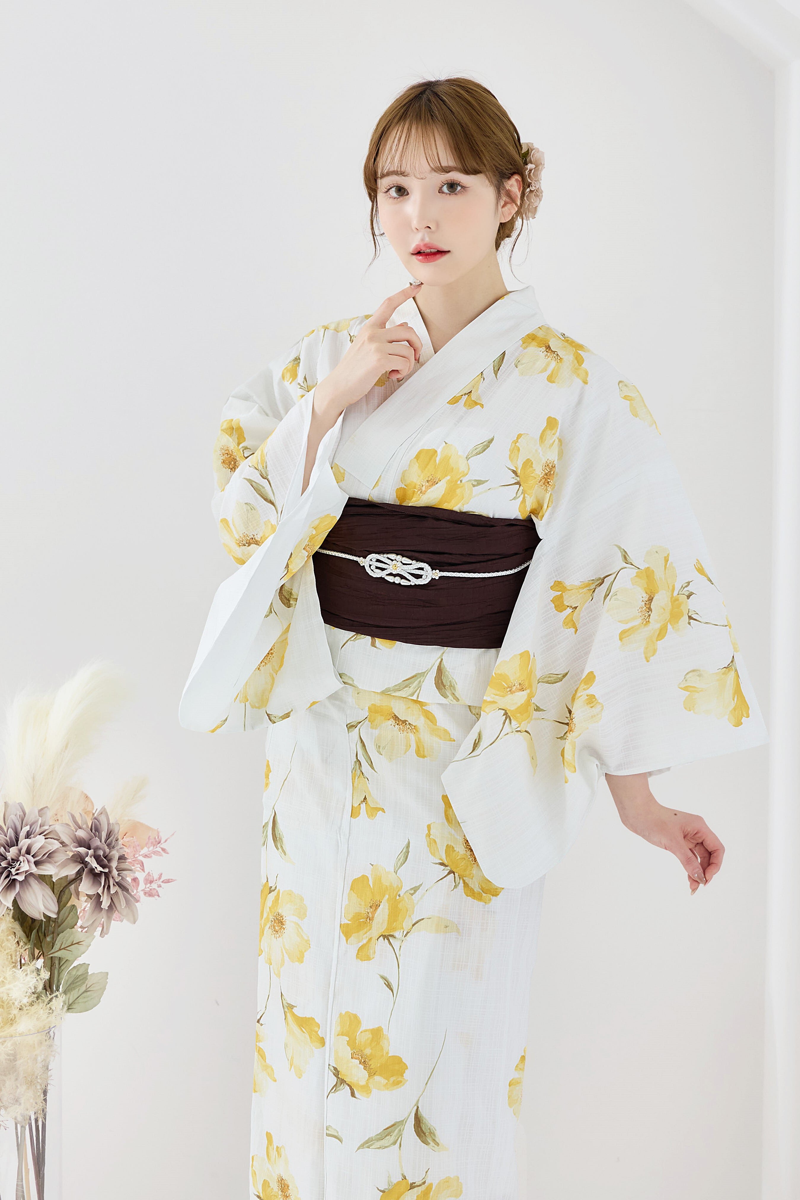 浴衣4点set夏色の水彩花重ね（黄色）Y4-32 | ANDESIR【アンデジール