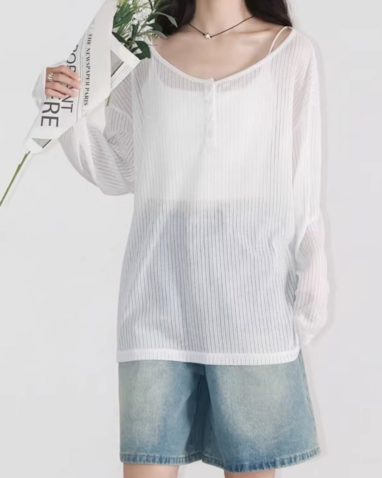 Sheer henry-neck loose T-shirt L0088