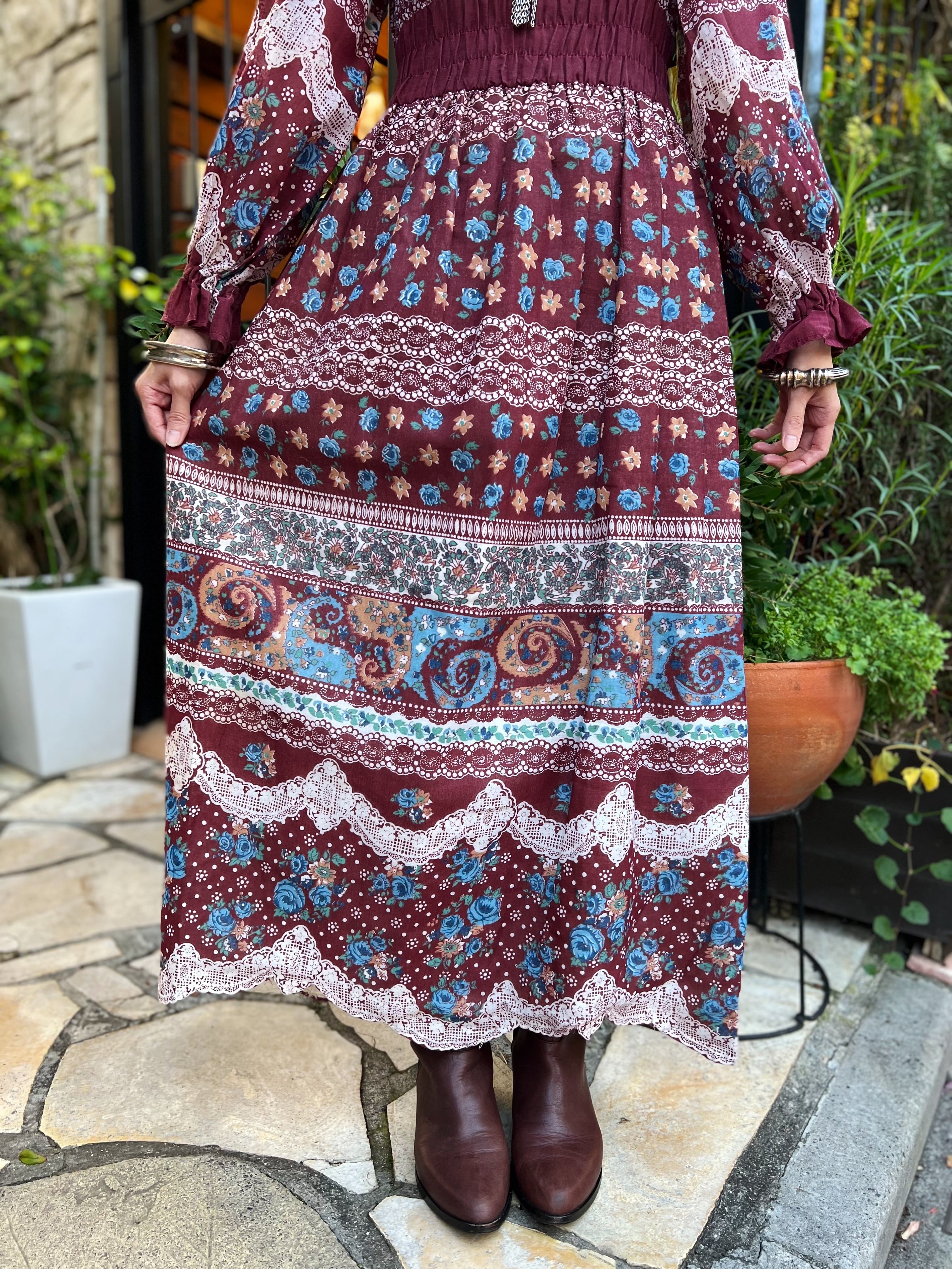 70s wine red floral & lace cotton dress ( ヴィンテージ ワイン  