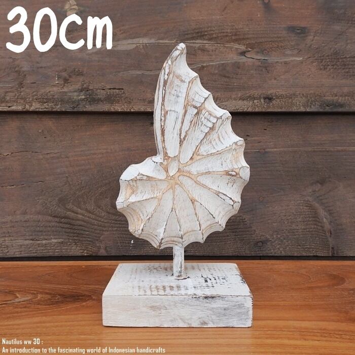 木製オブジェ オウムガイ 30cm 貝 ホワイトウォッシュ 木彫りのアート ハワイアン雑貨 玄関 ホテル 装飾品 ウッド 天然木 木彫りの置物 ハンドメイド 西海岸 デコレーション ハワイ 海のインテリア バリ雑貨 アジアン雑貨 動物置物 アジアンインテリア