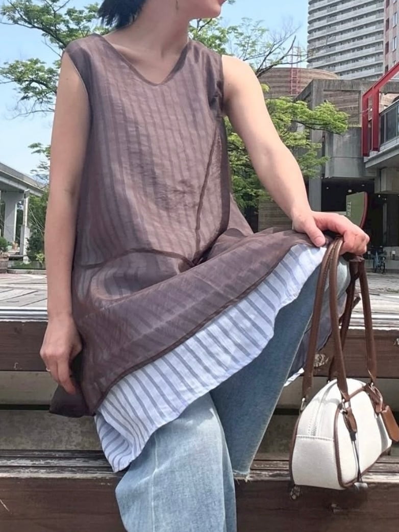【送料無料】MICALLEMICALLE(ミカーレミカーレ) Sleeveless Tunic ノースリーブチュニック シアー ストライプ MME142BDB