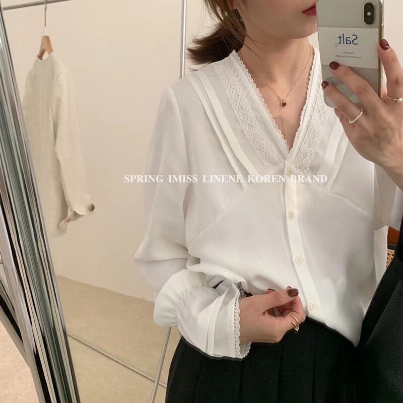 レースVネックシャツ 長袖スリーブトップス スプリングレディース ロング 春物 ビッグFスモールZ韓国71342856596