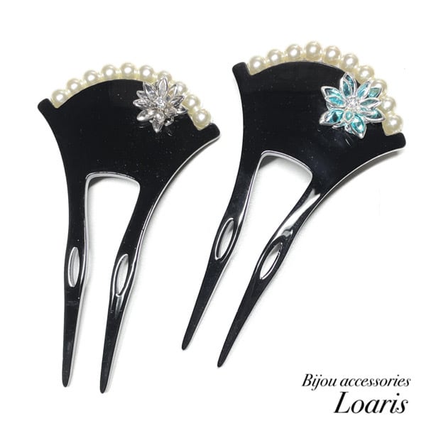 パール×花びら③ハンドメイド バチ型かんざし 二本軸 和装髪飾り