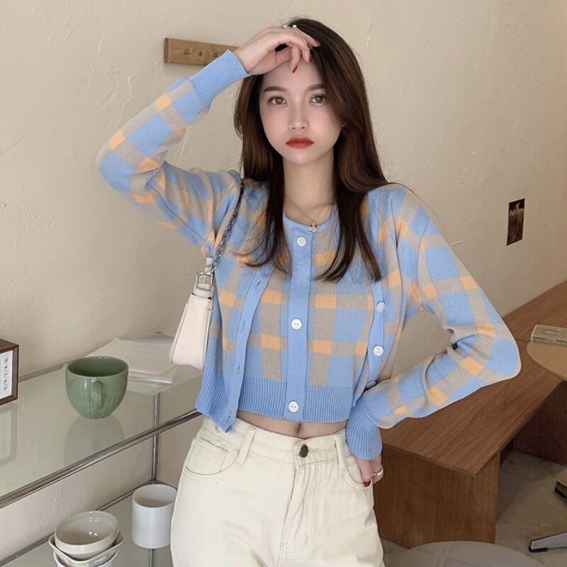 スプリングオータムニットセーター スタンダード格子柄ショートカーディガンジャケット レトロ 春物 秋物 1号婦人98597677105