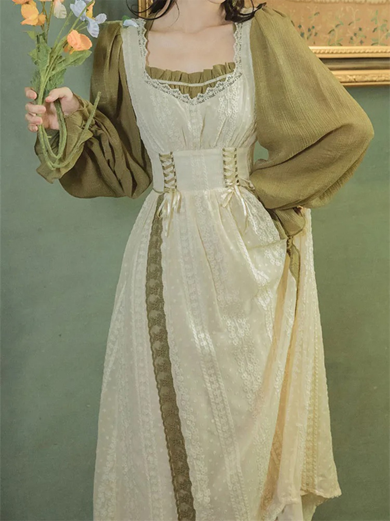 【0139】Waist Ribbon Cottage Style Long Sleeve Dress