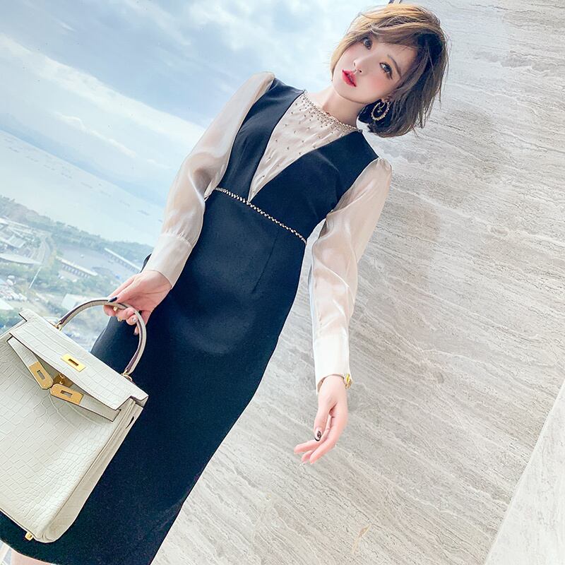 カラービーズ スリムウェストドレス オータムスタイル 秋物 ステッチ MIUCO34209804010