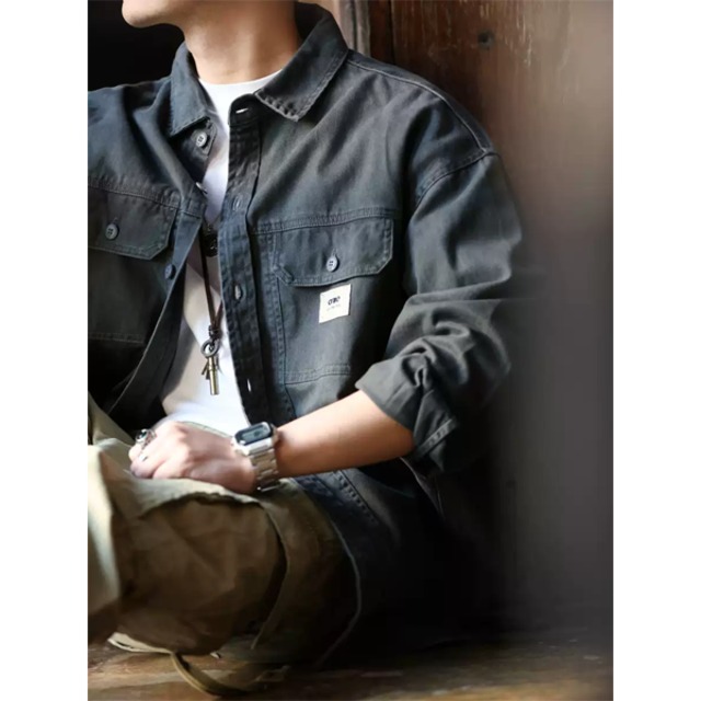 Front pocket design denim shirt P766