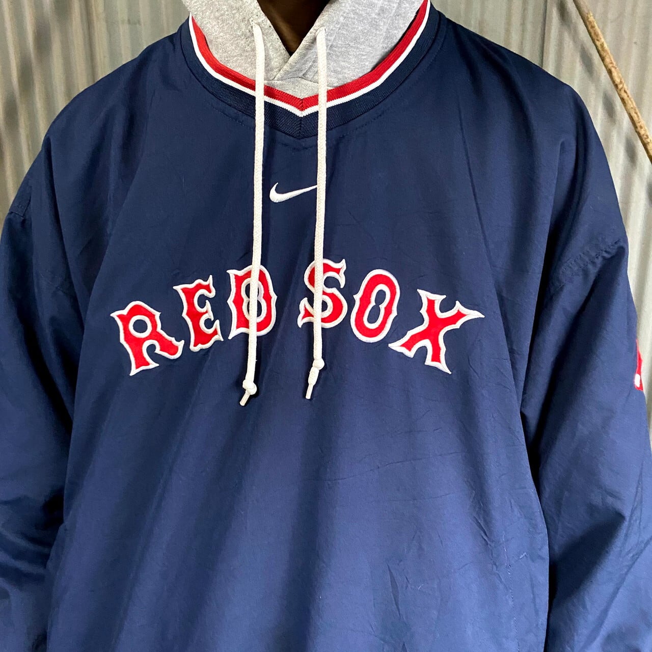 NIKE TEAM ナイキ MLB レッドソックス Vネック ウォームアッププルオーバー メンズL 古着 センターロゴ ナイロンジャケット RED  SOX ネイビー 紺色【ナイロンジャケット】 | cave 古着屋【公式】古着通販サイト