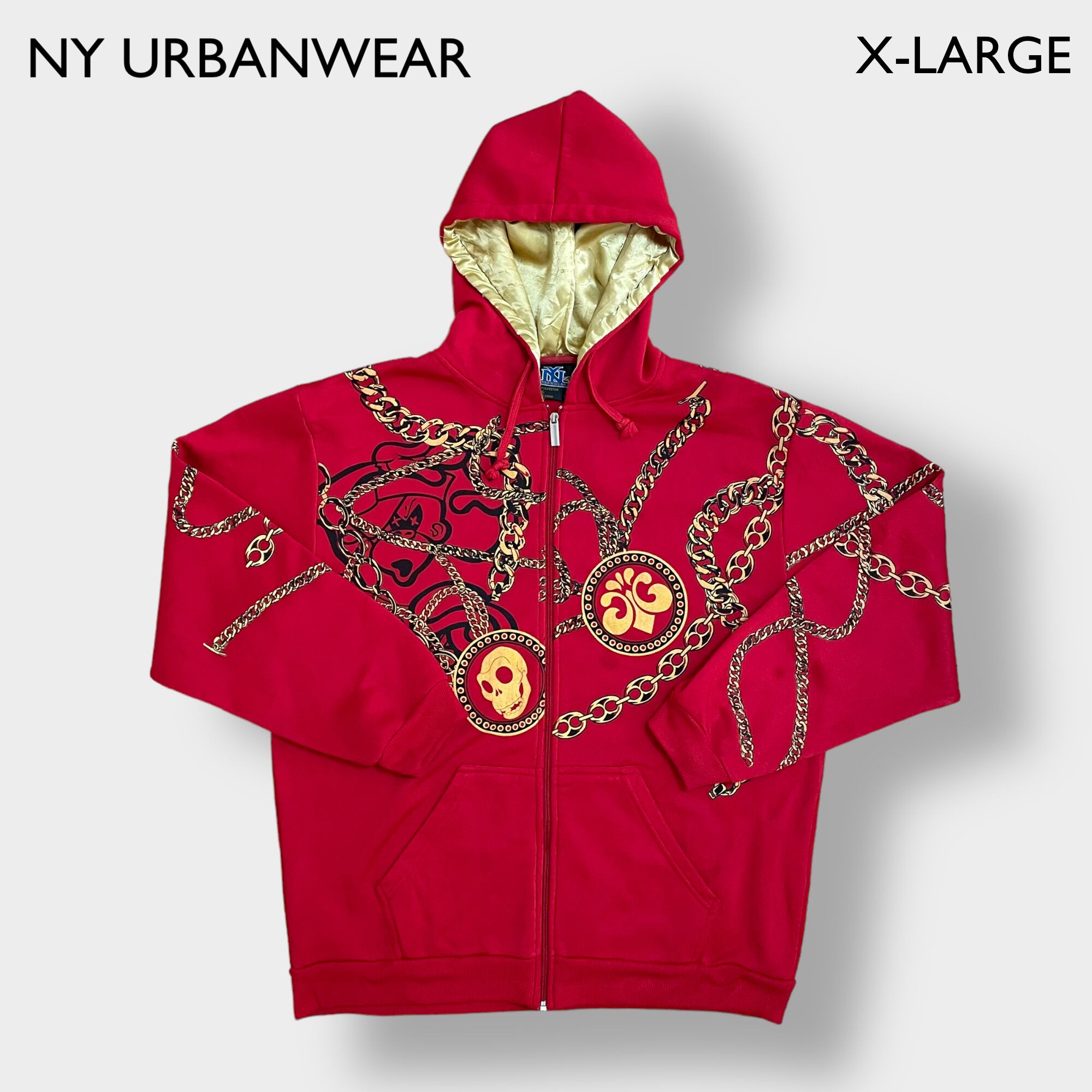 NY URBANWEAR ジップアップ パーカー 柄物 プリント スカル ゴールド