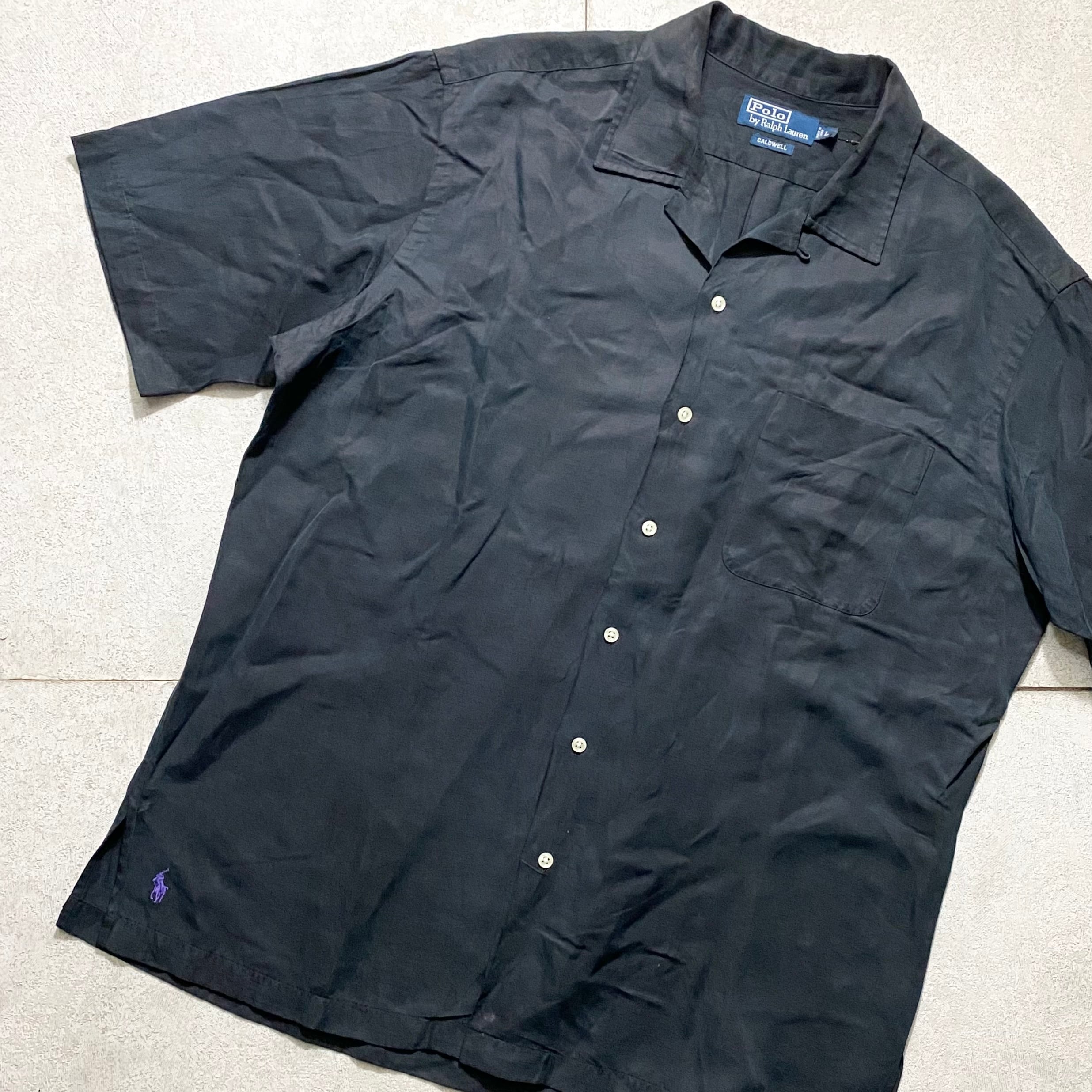 vintage POLO by RALPH LAUREN “black” open collar silk × linen 