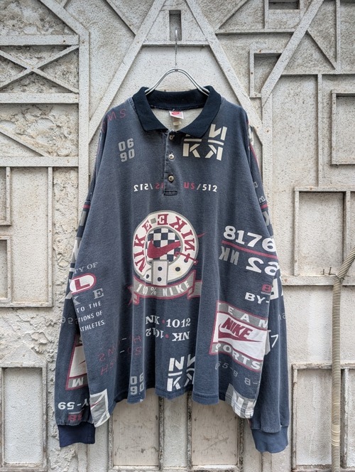 "NIKE" all over pattern polo L/S / made in USA