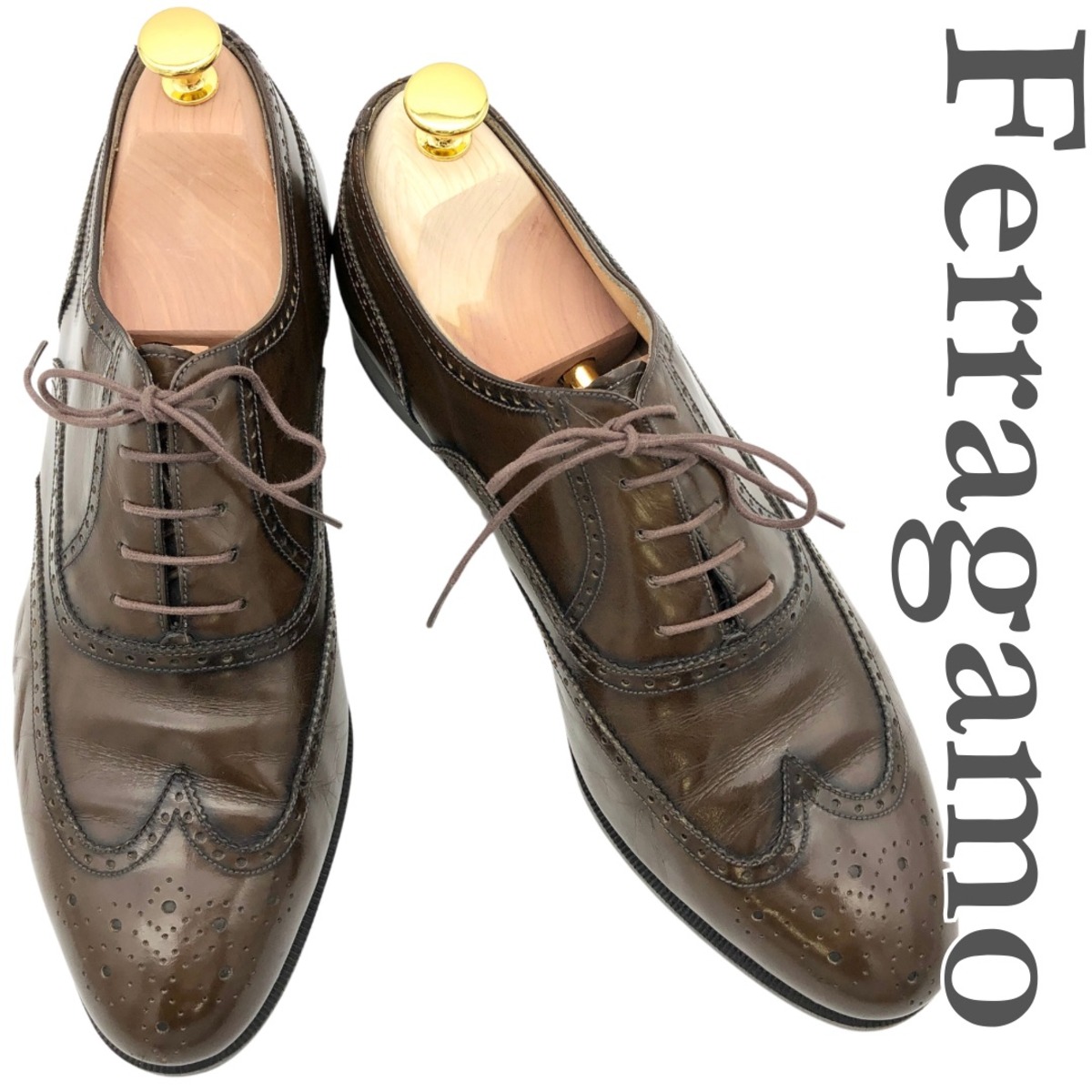 Ferragamo ドレスシューズ 本革 ウィングチップ メダリオン ブラウン 