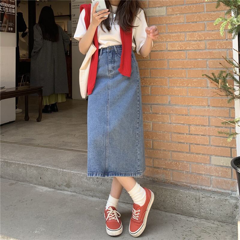 デニム スカート ミモレ丈 スリット 女っぽ レトロ 韓国ファッション 大人可愛い きれいめ カジュアル Luluca 韓国 トレンドファッションluluca ルルカ