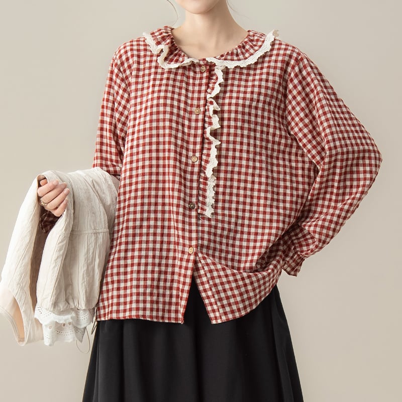 ギンガムチェック 襟フリルブラウス M2112