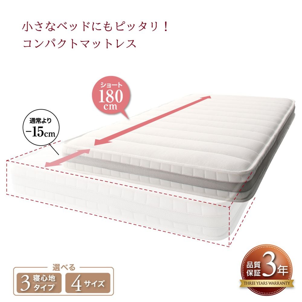 小さなベッドフレームにもピッタリ収まる。コンパクトマットレス 三つ折り薄型ポケットコイル 厚さ7cm セミシングル ショート丈 一人暮らし 新生活