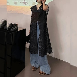 シアーレース　裾スカラップ　ベストドレス〈２カラー サイズS-XL〉