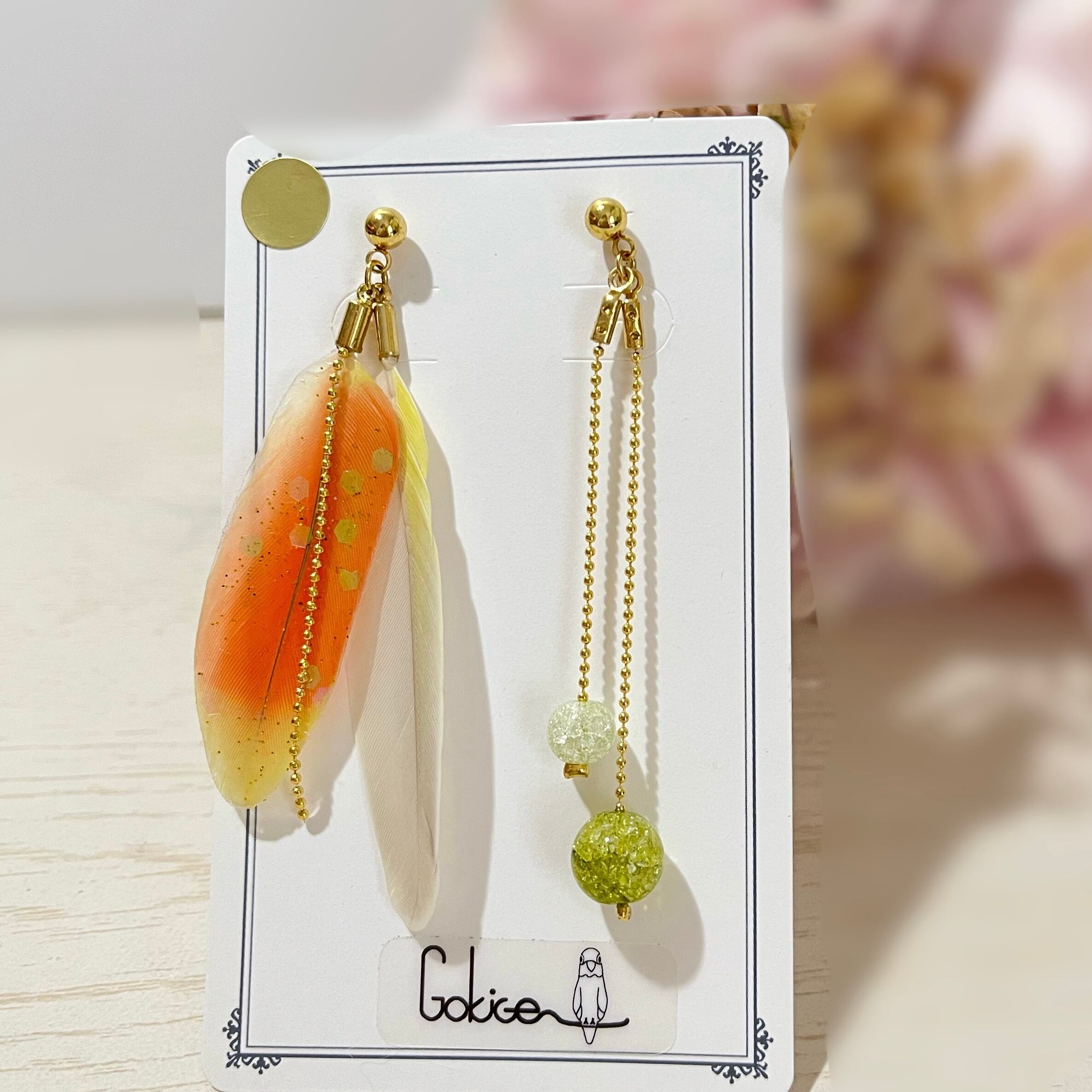 羽根とクラック水晶のアシメピアス