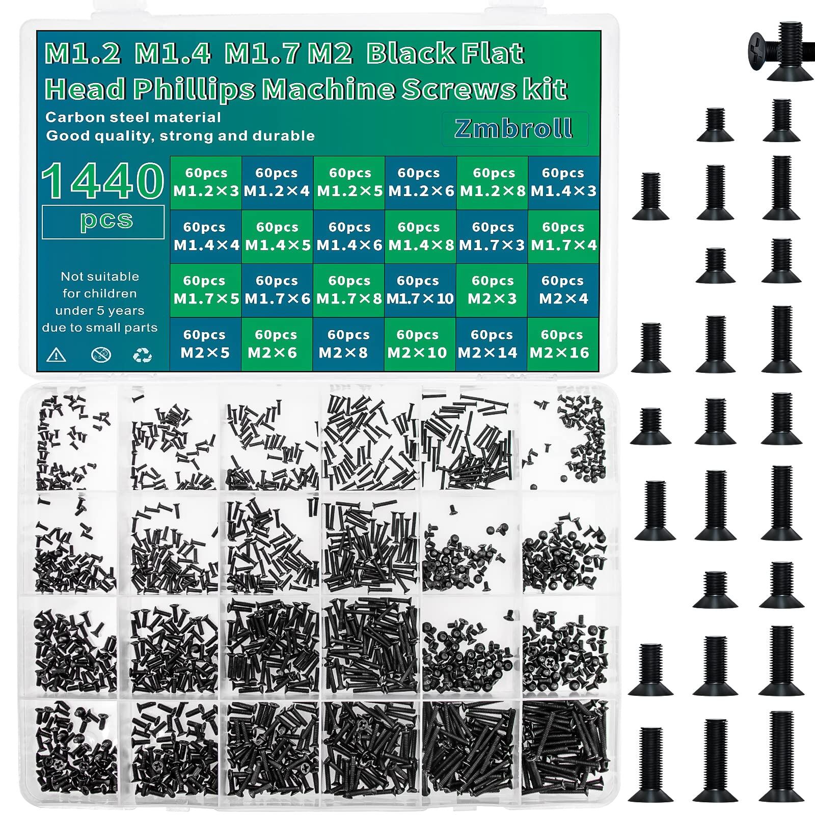 【在庫のみ】1440本の黒ノートパソコンネジM 1.2 M 1.4 M 1.7 M 2平頭機械ネジ沈み頭ssdネジ部品ミニ機械ネジシリーズキット