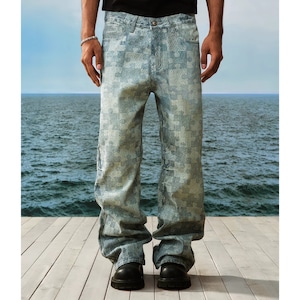 【DRIP6793】YAD Puzzle Checkered Print Loose Denim