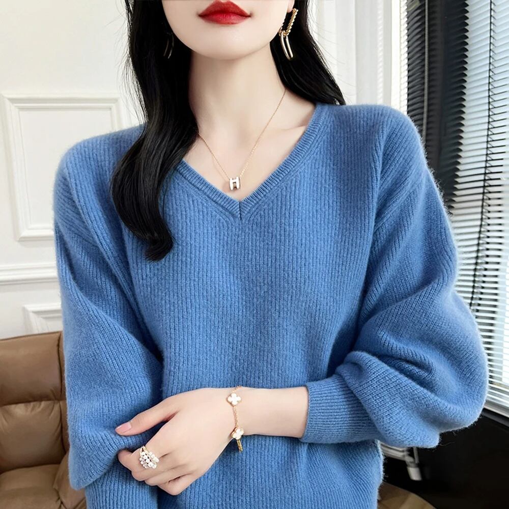 女性用Vネックニットセーター,100% ピュアウール,単色プルオーバー
