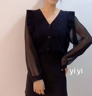 肩フリル　Vネックニット　AJ111-047