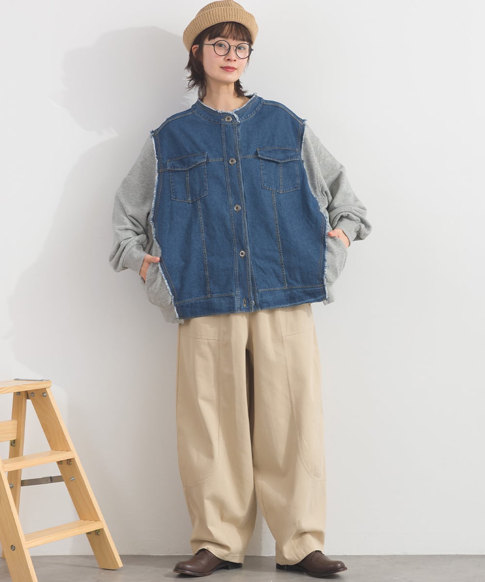 K54028 CT裏毛×8ozデニム異素材リメイク風デニム切替 ブルゾン / CT