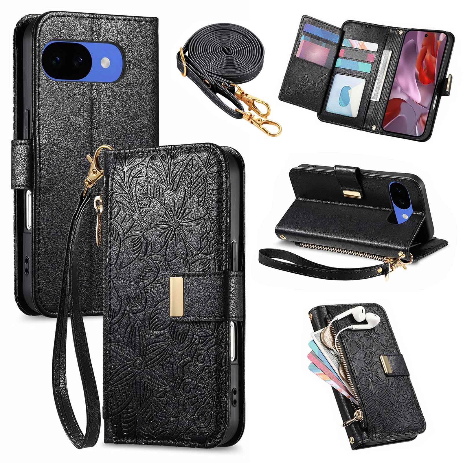 Dahimomo for Google Pixel 10a ケース 手帳型 グーグルピクセル10a ケース ショルダー Googleピクセル10a スマホケース 花柄 カード収納 ぐーくるぴくせる10a カバー 肩掛け googlepixel10a カバー 財布型 ジッパーポケット 女性向け 全面保護 耐衝撃 スタンド機能 型押し はな柄 かわいい - ブラック