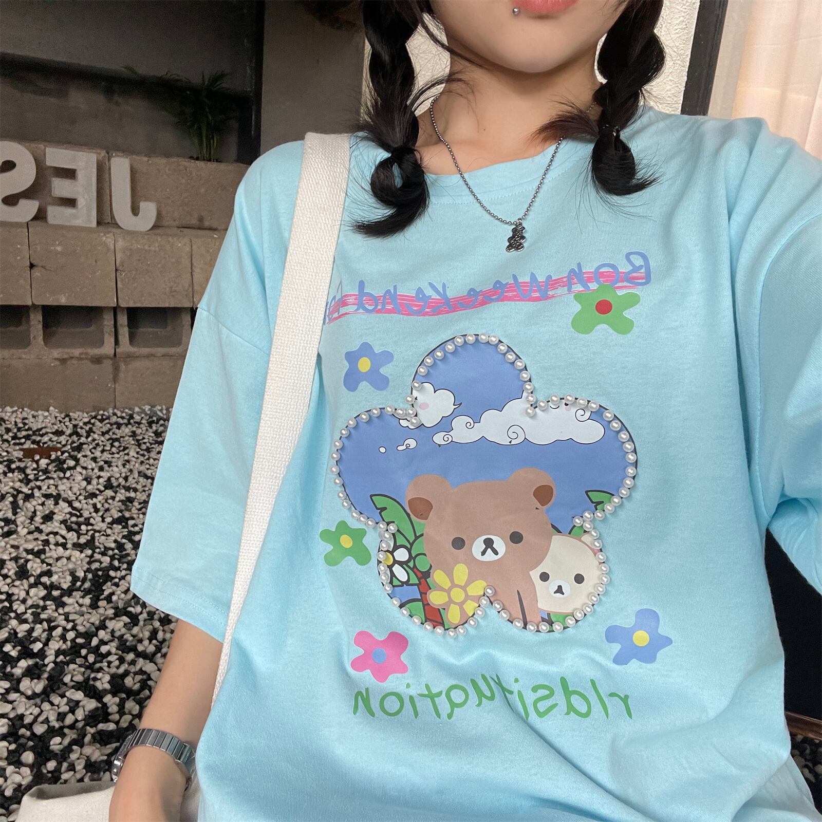 サマールーズプリントTシャツ ラウンドネックカジュアルトップス 夏物 Oネック ケッペル17402259014