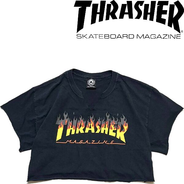1点物◇スラッシャー黒ファイヤーパターン短丈プリントTシャツ古着