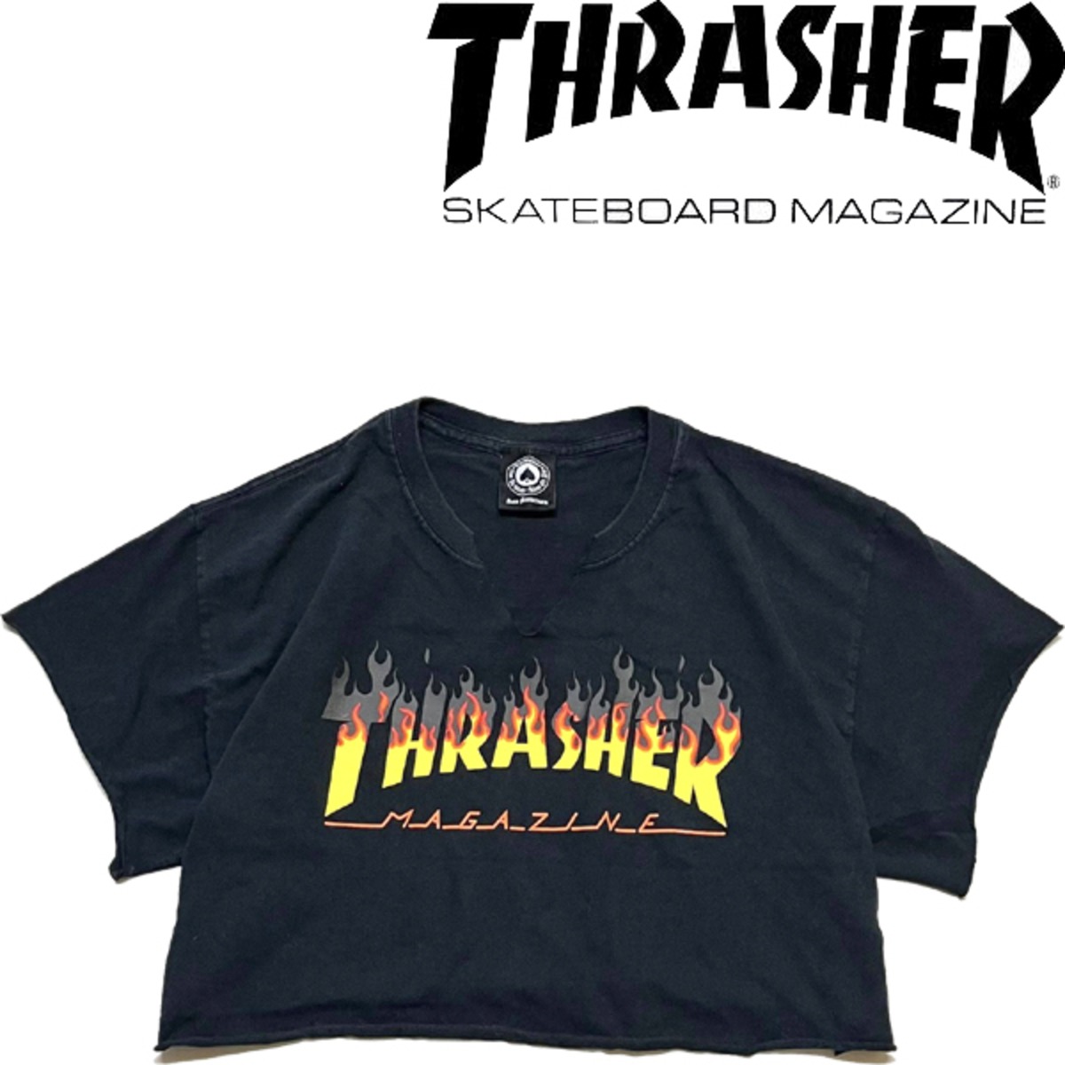 1点物◇スラッシャー黒ファイヤーパターン短丈プリントTシャツ古着 