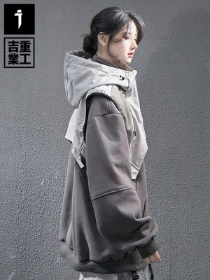 JIYEIND 25SS ベストフード付き ハーフジップ プルオーバー