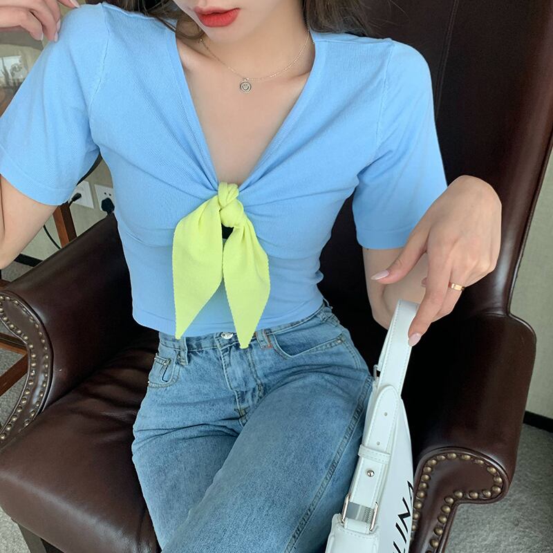 ショートホワイトブラウス サマースリムレースVネックカラーTシャツ 夏物 ビッグFスモールZ韓国92314302753