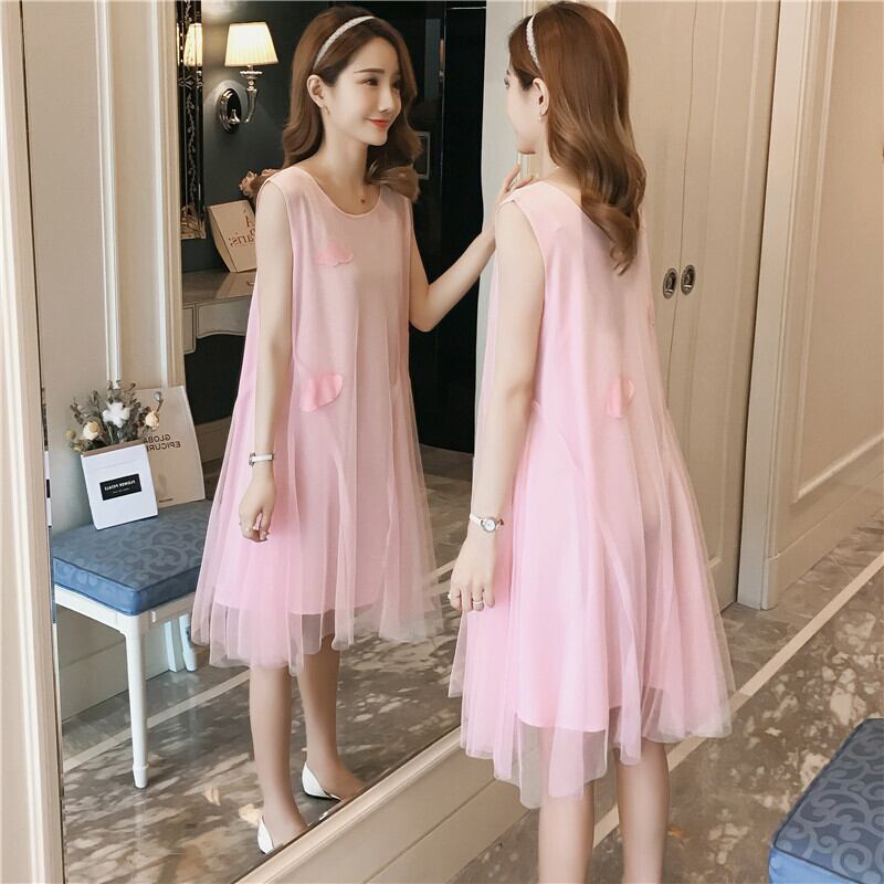 【新作】【送料無料】 新しいファッションメッシュクラウドルーズノースリーブAラインプラスサイズのマタニティドレスのマタニティウェア2019夏バージョン-アリババ 大きめサイズ サマー 夏物 expec230955221257