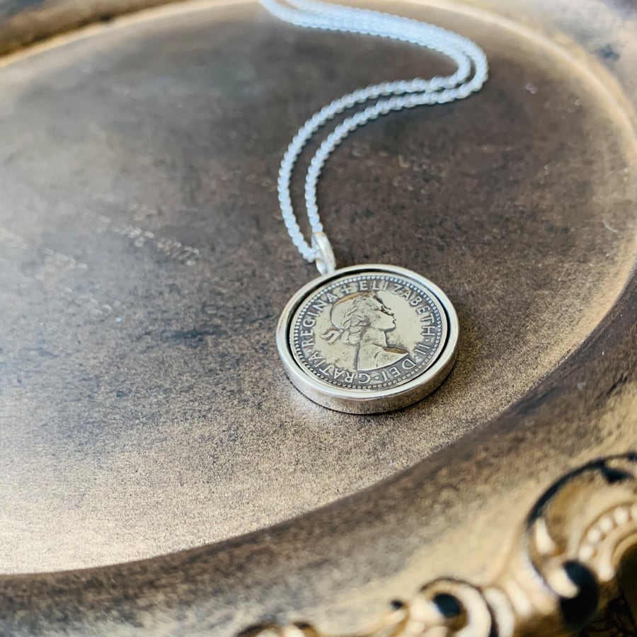 シックスペンスコイン 回転 ネックレス 本物コイン使用 シルバー925 6ペンス