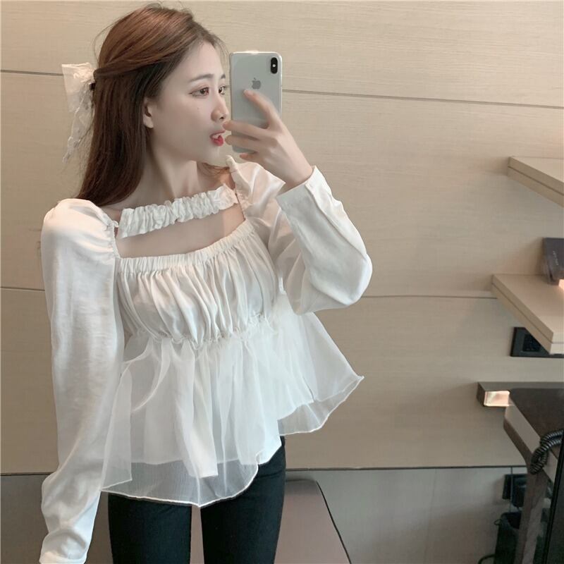 ホワイトメッシュシャツ スプリングスタンダードスタイル ロング レトロ 春物 ステッチ 1号婦人40128922888