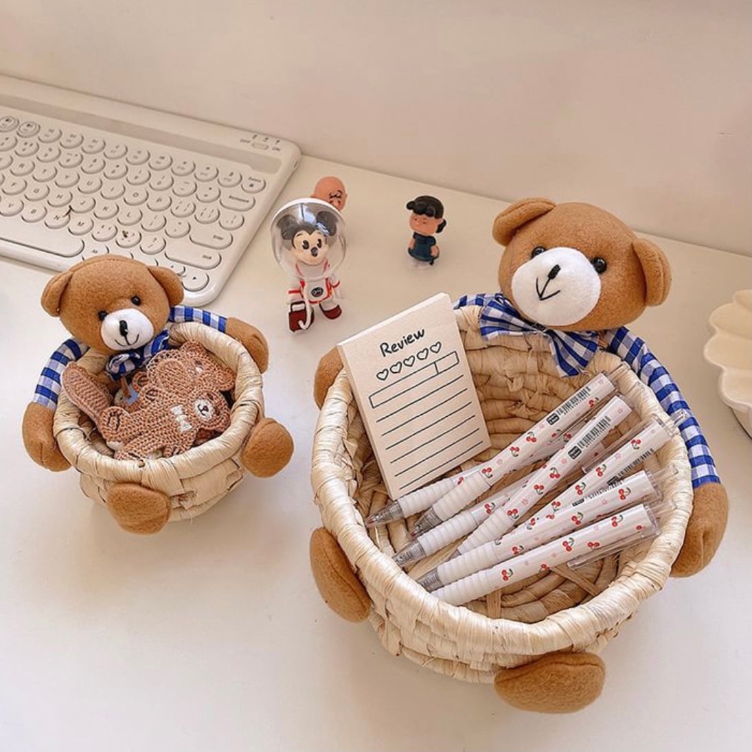 3pics set】check bear rattan basket / チェック ベア ラタン