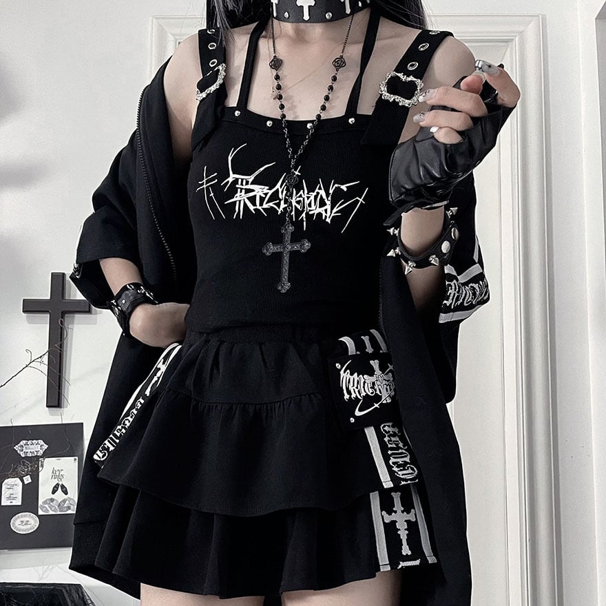 サブカル系地雷 参戦服 ストラップTシャツ 【黒 ロゴグラフィック】