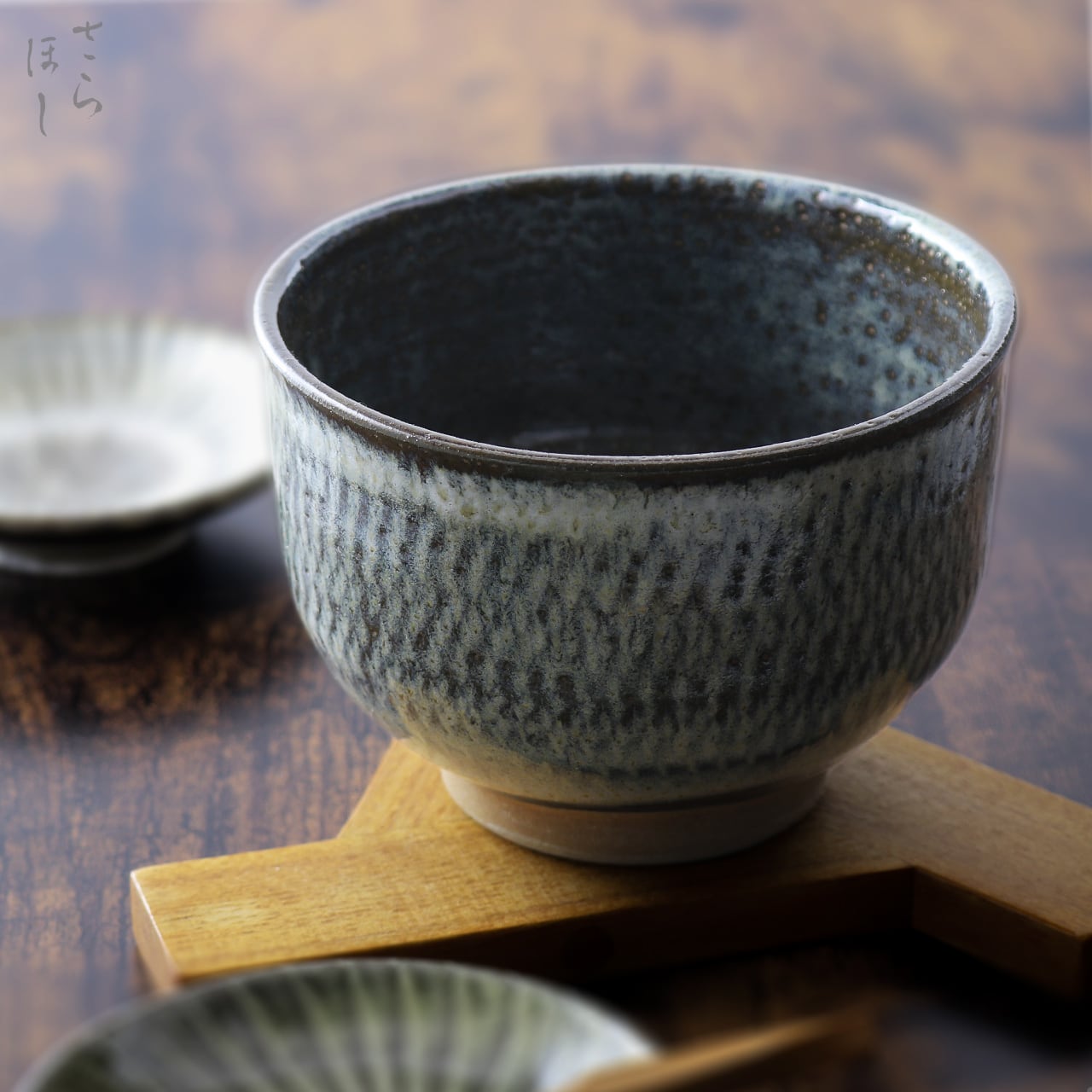小鹿田焼 抹茶碗 小袋窯 鹿峰作 地飛びかんな 黒/青なだれ 口径約12cm 一点もの 陶器 茶道具 民藝