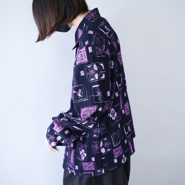 "black×violet" block flower art pattern wrinkle fabric loose box silhouette shirt