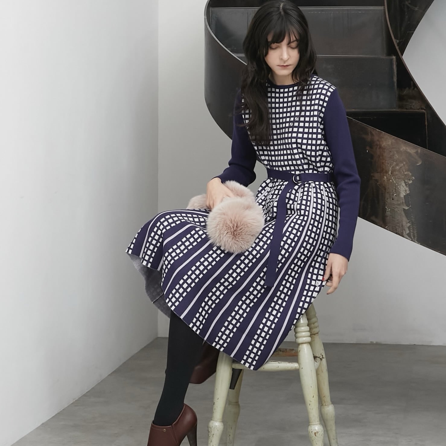 DiDi Guranjie 幾何柄ジャガード ニットワンピース （ブルー系